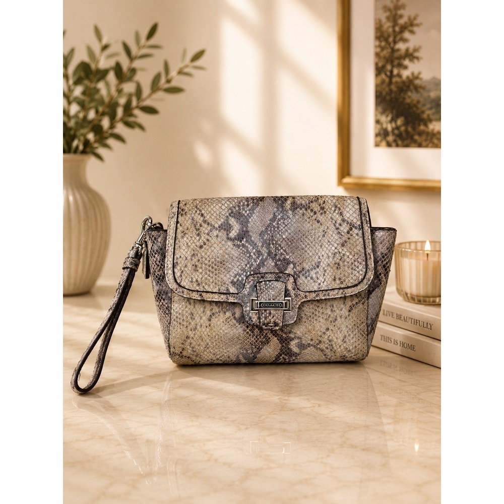 Coach Snakeskin Embossed Leather Wristlet Clutch Bag Grey Tan Silver Hardware